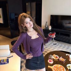 批发已出货 韩系长袖开衫内搭小吊带背心两件套女早秋季新款短款上衣