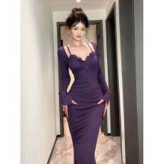 批发已出货 <b class='q'>假两件</b>蕾丝花边吊带鱼尾裙纯欲性感喇叭袖过膝御姐<b class='q'>连衣裙</b>