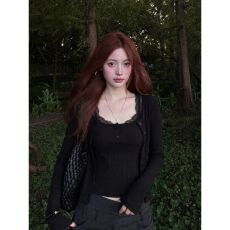 批发已出货 一整套女秋季黑色针织开衫蕾丝吊带上衣两件套装