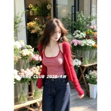 批发已出货 韩系少女感撞色条纹吊带上衣外搭针织开衫套装