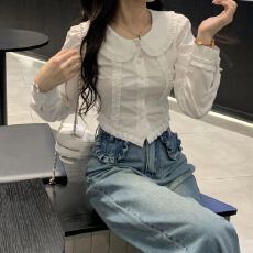 批发已出货 春秋短款<b class='q'>衬衫</b>女不规则娃娃领花边设计感修身<b class='q'>衬衣</b>长袖上衣
