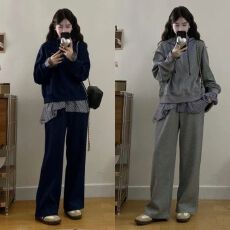 批发已出货 高品质格纹拼接连帽卫衣假两件外套阔腿<b class='q'>裤</b><b class='q'>两件套</b>女