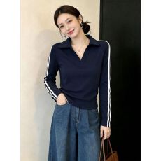 批发已出货 高品质轻熟风撞色条纹Polo领长袖T恤女秋季修身百搭上衣