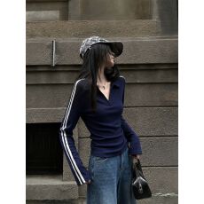 批发已出货 高品质轻熟风撞色条纹Polo领长袖T恤女秋季修身百搭上衣