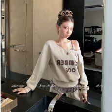 批发已出货 高品质原版做工撞色斜肩字母卫衣拼接休闲长裤套装女秋
