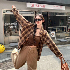 批发已出货高品质春秋季美拉德系列<b class='q'>格子衬衫</b>女长袖格子衫宽松衬衣外套