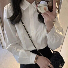 批发已出货 高品质 春秋<b class='q'>娃娃领</b>白色衬衫女新款叠穿内搭风琴褶衬衣别致