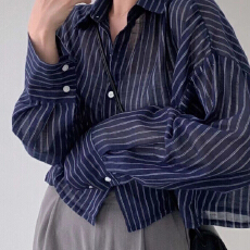 批发已出货 高品质慵懒风长袖衬衫<b class='q'>防晒</b>衣外套女复古条纹衬衣宽松显瘦