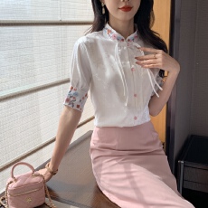 批发新中式国风白色刺绣复古衬衫女2026春夏短袖禅意盘扣<b class='q'>唐装</b><b class='q'>汉服</b>上衣