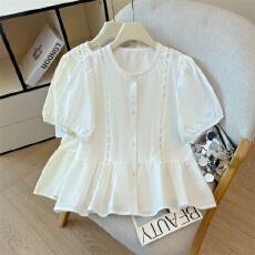 批发法式温柔泡泡袖衬衫女<b class='q'>夏</b>季花边拼接短袖小个子娃娃衫短款上衣