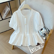 批发法式白色泡泡短袖衬衫蕾丝花边小衫女2026<b class='q'>夏</b>季新款设计感上衣