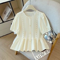 批发法式花边泡泡短袖衬衫女<b class='q'>夏</b>季设计感收腰娃娃衫小个子短款上衣