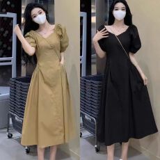 批发<b class='q'>大码</b>女装夏季新款法式茶歇方领泡泡袖连衣裙女胖妹妹气质收腰长裙