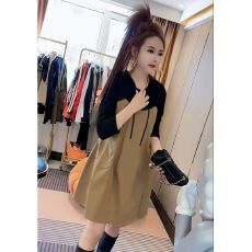 批发网红爆款连帽<b class='q'>连衣裙</b>2025秋季新款遮肚显瘦黑色拼接棉质A字中长裙