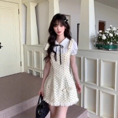 批发Polo领波点假两件连衣裙女大童夏季新款时髦可爱洋气蝴蝶结短<b class='q'>裙子</b>