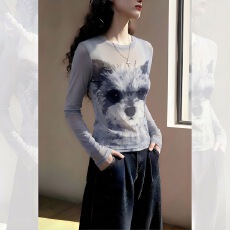 批发美式复古灰色雪纳瑞小狗印花网纱<b class='q'>T</b><b class='q'>恤</b>女春夏新款休闲百搭<b class='q'>长袖</b>上衣