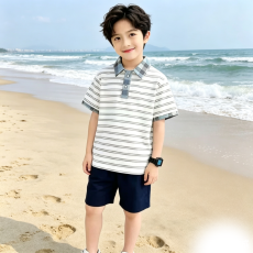 批发条纹少年感POLO衫<b class='q'>男</b><b class='q'>童</b><b class='q'>夏装</b>2026新款翻领亲肤透气简约男孩上衣短袖