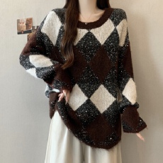 批发韩系文艺复古菱格纹毛衣女套头宽松保暖亮片针织衫2025年冬新款