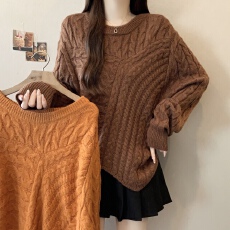 批发小众设计感！显白橘色绞花扭绳麻花毛衣女圆领套头针织衫外穿加厚