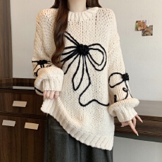 法式温柔风加厚毛衣上衣冬季新款大码女装胖mm宽松中长针织衫外穿