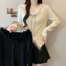 批发韩系甜美温柔风毛毛领毛衣女秋冬撞色蝴蝶结系带修身打底针织衫