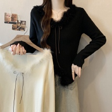 批发超火毛毛领修身长袖毛衣女秋冬2025新款蝴蝶结系带打底女士针织衫