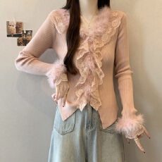 批发2025年秋冬新款韩系ins洋气蕾丝拼接甜辣风修身V领长袖针织衫女