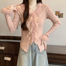 批发大码女装新款法式纯欲风毛毛袖口打底衫拼接花边修身T恤长袖上衣