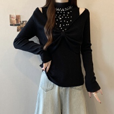 批发重工拼接假两件钉珠半高领针织毛衣打底衫女秋冬新款修身长袖上衣