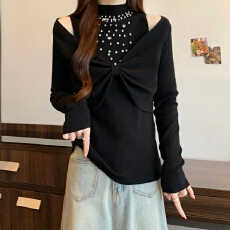 批发大码设计感烫钻露肩假两件针织衫2025秋冬胖MM轻熟风修身显瘦上衣