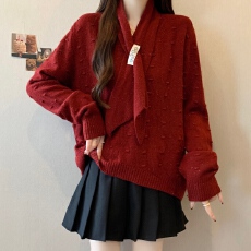 批发本命年红色挂脖V领毛衣秋冬2025新款大码女装胖mm正肩针织衫上衣