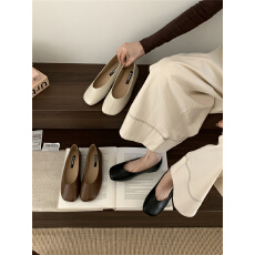 批发黑色方头平底单鞋女鞋子春新款百搭软皮奶奶鞋浅口配裙子豆豆瓢鞋