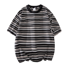 批发200克色织条纹潮牌宽落肩条纹<b class='q'>短袖</b>T恤