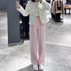 批发粉色窄版条纹阔腿牛仔裤女2025<b class='q'>春</b>秋旅游多巴胺宽松高腰垂感直筒裤