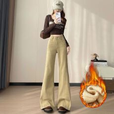 批发加绒卡其色喇叭<b class='q'>牛仔裤</b>女秋冬2025新款宽松休闲气质设计感拖地裤子