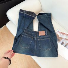 批发蓝色高腰直筒牛仔<b class='q'>裤</b>女秋冬加绒加厚遮胯垂感弹力显瘦<b class='q'>百搭</b>拖地<b class='q'>裤</b>子