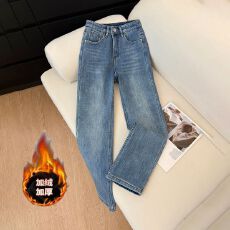 批发加绒复古蓝直筒牛仔<b class='q'>裤</b>女2025秋冬新款弹力修身显瘦<b class='q'>百搭</b>烟管<b class='q'>裤</b>子