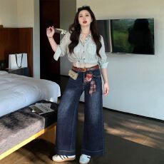 批发韩版高级感蓝灰色高腰<b class='q'>牛仔裤</b>女垂感阔腿<b class='q'>弹力</b>宽松春季气质长裤显瘦