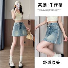 批发浅色蕾丝高腰牛仔短裙女<b class='q'>春</b>夏季2026新款防走光a字包臀显瘦半身裙