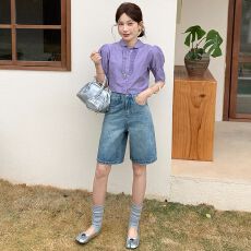 批发蓝色阔腿牛仔短<b class='q'>裤</b>女夏季大码胖mm<b class='q'>宽松</b>梨形身材直筒显瘦五分中<b class='q'>裤</b>子