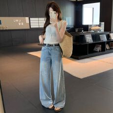 批发复古浅蓝色烫钻牛仔<b class='q'>裤</b>女春夏2026新款高腰显瘦<b class='q'>宽松</b>垂感拖地阔腿<b class='q'>裤</b>
