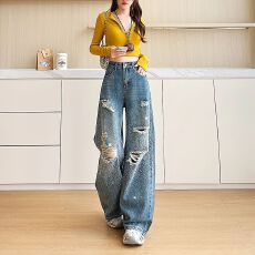 水洗破洞烫钻直筒牛仔裤女春夏新款大码胖mm高腰宽松显瘦阔腿裤子
