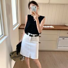 批发白色牛仔半身裙女开叉高腰a字夏薄款梨型身材宽松过膝中长款5分裙