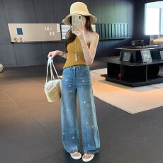 批发阔腿<b class='q'>牛仔裤</b>女高腰宽松2026新款渐变带<b class='q'>烫钻</b>爆闪高级感拖地直筒裤子