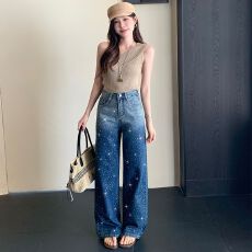 批发满天星<b class='q'>烫钻</b>阔腿渐变<b class='q'>牛仔裤</b>女2026春夏新款高腰显瘦爆闪宽松直筒裤