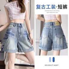 批发工装<b class='q'>牛仔</b><b class='q'>短裤</b>女夏季新款美式复古高腰显瘦多口袋辣妹<b class='q'>卷</b><b class='q'>边</b>A字热裤