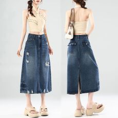批发欧货复古磨破洞牛仔半身裙女2026<b class='q'>夏</b>季高腰宽松休闲显瘦开叉中长裙