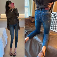 批发高腰排扣蜜桃臀九分牛仔裤女韩国显瘦紧身<b class='q'>小脚</b>裤潮