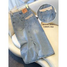 批发浅色牛仔半身裙女韩版夏季新款中长款高腰显瘦开叉a字裙包臀裙子