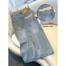 批发浅色牛仔半身裙女韩版夏款2025新款中长款高腰显瘦开叉a字包臀裙